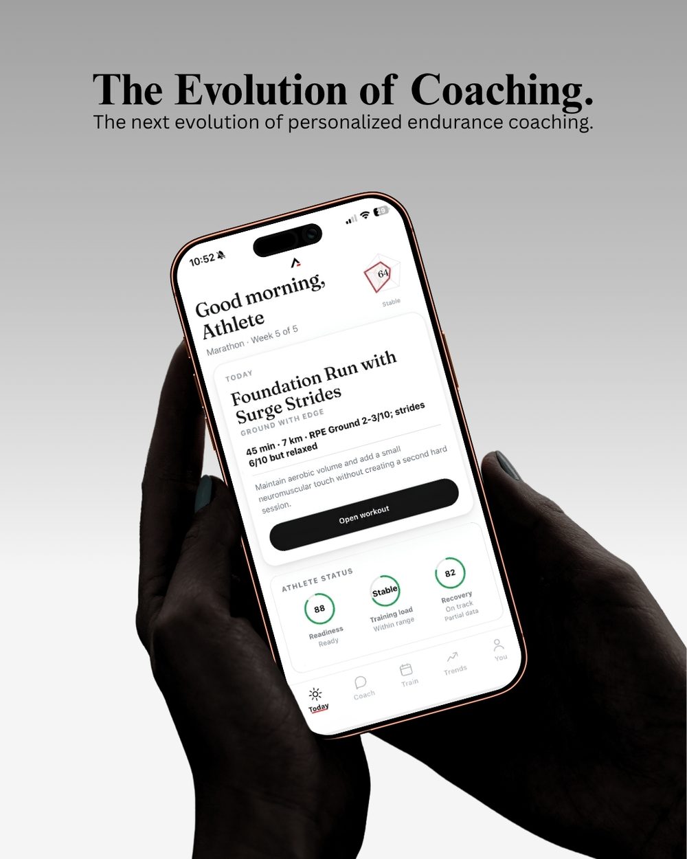 The Evolution of Coaching — Athlevo's Today screen with the athlete's morning brief, the prescribed Foundation Run, and readiness, training-load and recovery status.