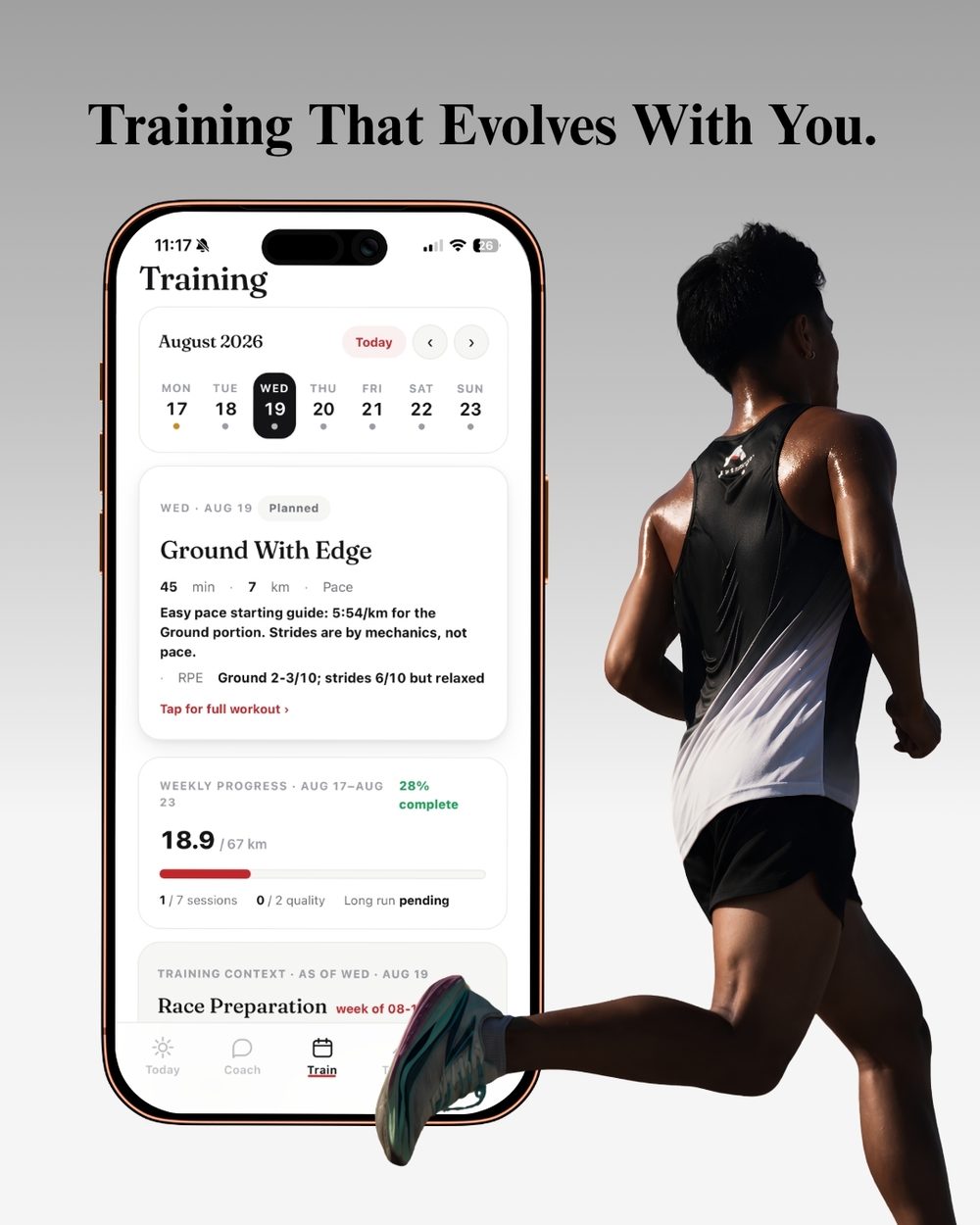 Training That Evolves With You — the training calendar with a prescribed workout, weekly progress and training context for the current race block.